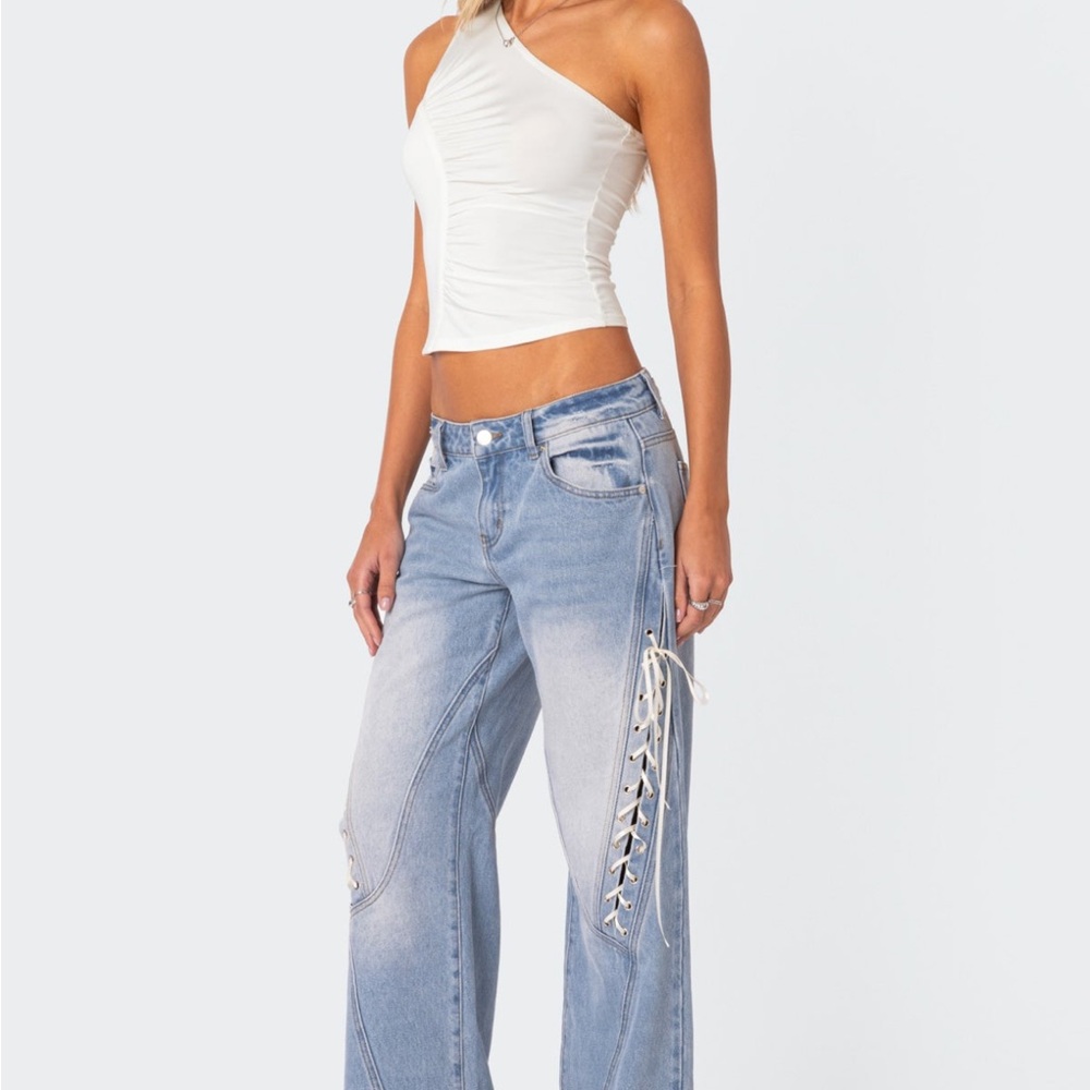 Edikted Light Wash Wide Leg Jeans with Side Lace-Up